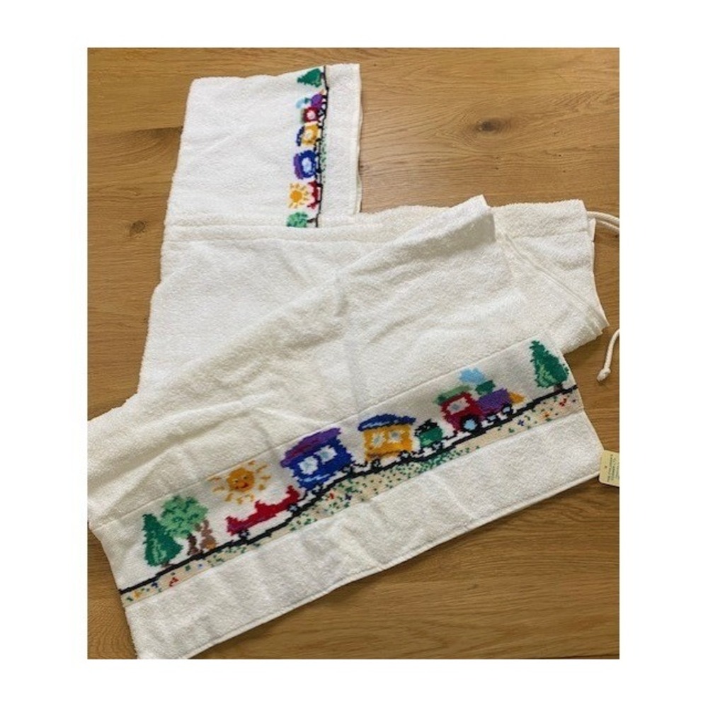 Vtg NOS Feiler Kids Hooded Bath Towel Train Chenille Made in Germany Drawstring